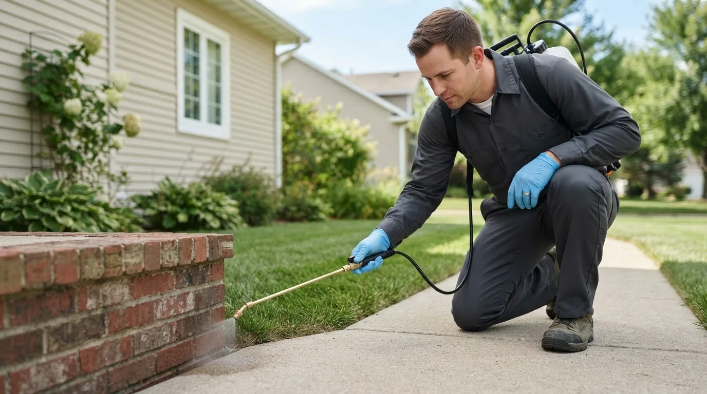 Pest control technician treating a home near Nehalem, OR